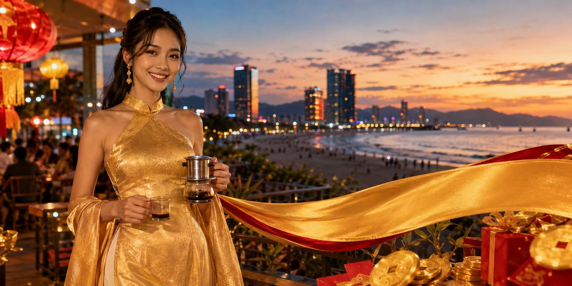 Người phụ nữ Việt Nam trong trang phục áo dài tại Đà Nẵng theo dõi kết quả bóng đá trên điện thoại