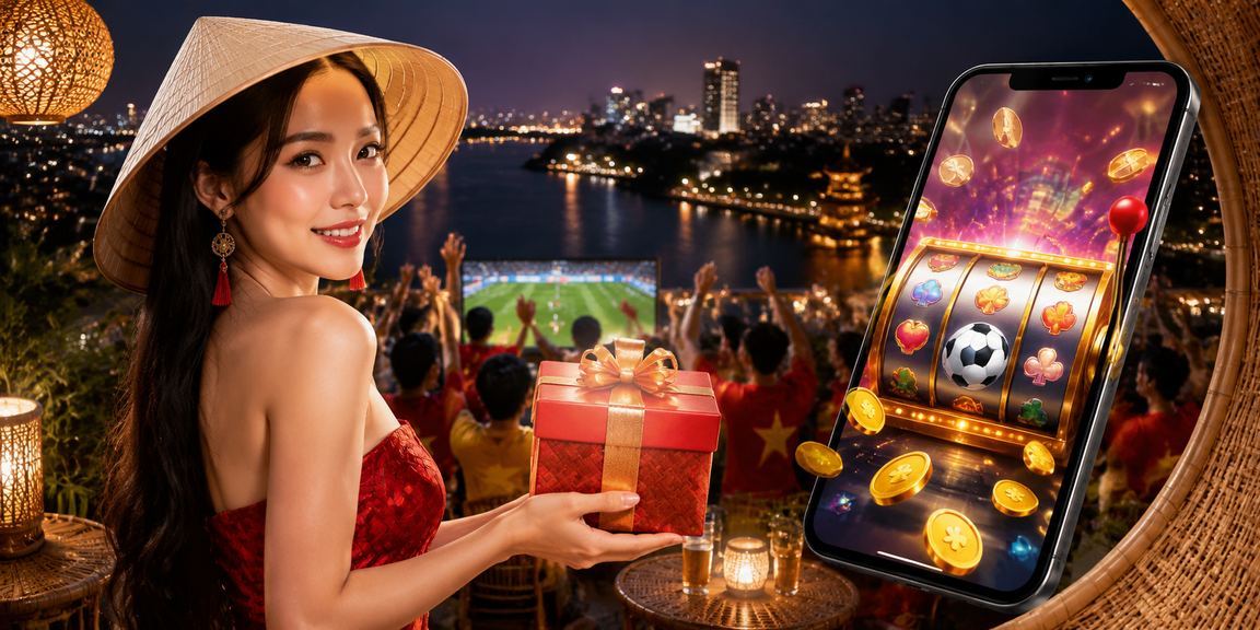 Người phụ nữ đội nón lá tại Hà Nội thư giãn với trò chơi slot game trên điện thoại trong không gian truyền thống