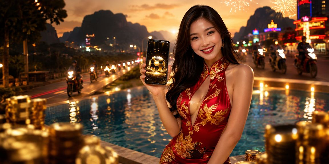 Cảnh đêm tại Ninh Bình với ánh đèn neon gợi không khí sôi động của xổ số và cá cược trực tuyến