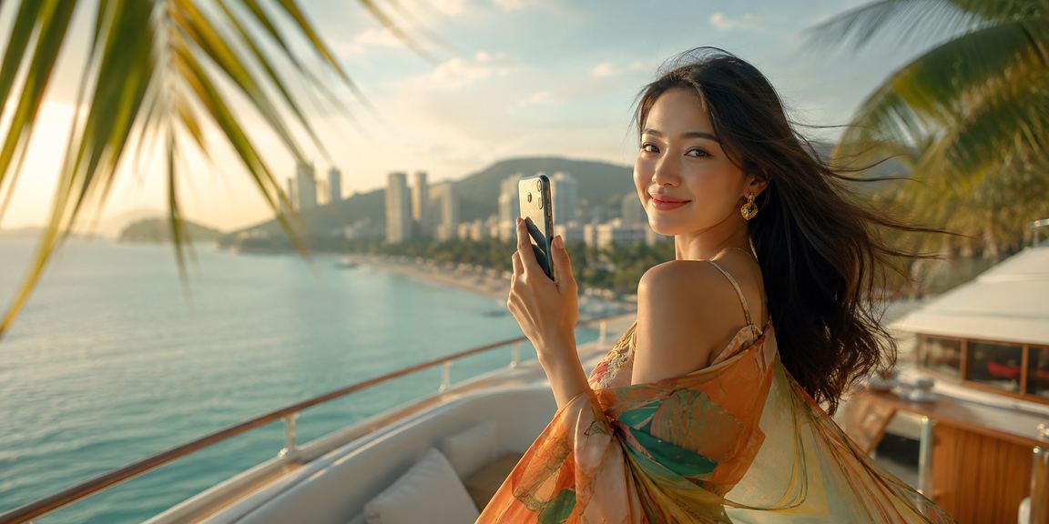 Cô gái người Việt tại Sapa xem sự kiện thể thao trực tuyến trên điện thoại giữa thiên nhiên